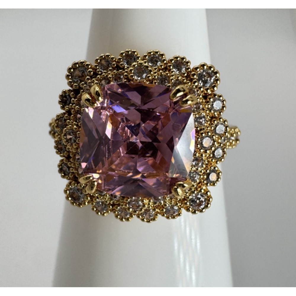 Bomb Party Whispering Halo Ring RG89523 Rose Quartz CZ Gold Plated Size 6